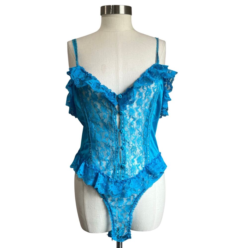 70s Lace Blue Ruffle Bodysuit Teddy Size Medium